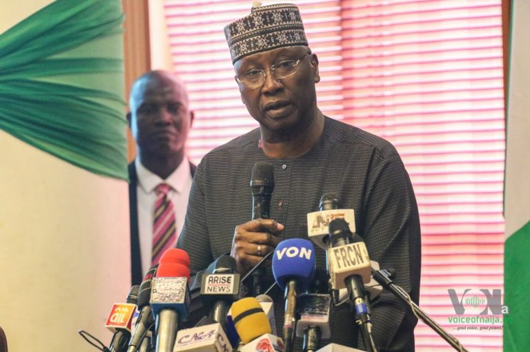 Boss Mustapha, the Secretary to the Government of the Federation, addressing a World Press Conference ahead of the 29 May Inauguration in Abuja. Photo: Emmanuel Osodi